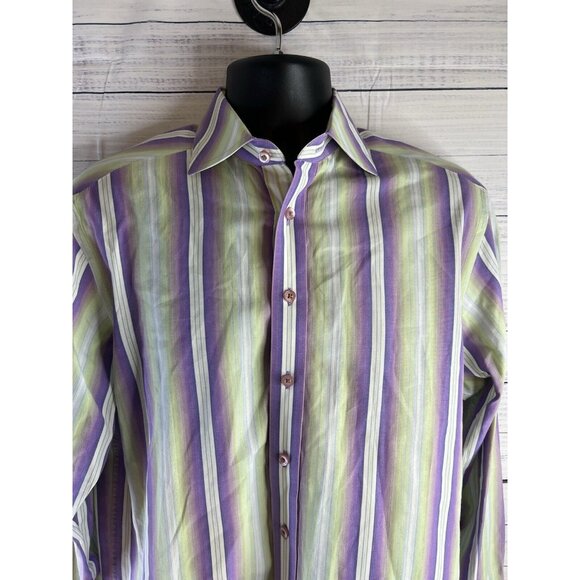 Robert Graham Dress Shirt Lime GreenPurple White Striped Colorful Button Down - Picture 4 of 16